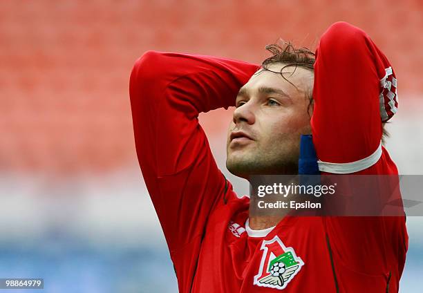 Dmitri Sychev of FC Lokomotiv Moscow reacts during the Russian Football League Championship match between FC Lokomotiv Moscow and FC Saturn Moscow...