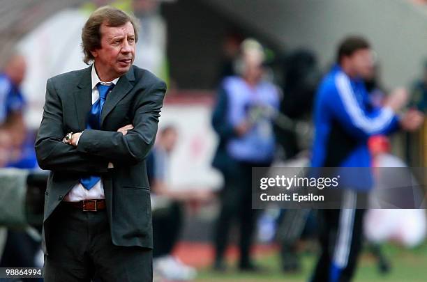 Head coach Yuri Syomin of FC Lokomotiv Moscow gestures during the Russian Football League Championship match between FC Lokomotiv Moscow and FC...