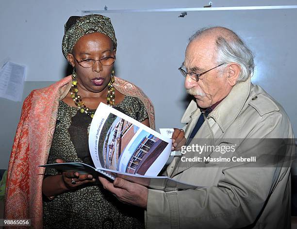 Marguerite Barankitse shows a brochure to Doctor Sergio Adamoli member of a ONG "Medici in Africa" during a meeting with students at University of...