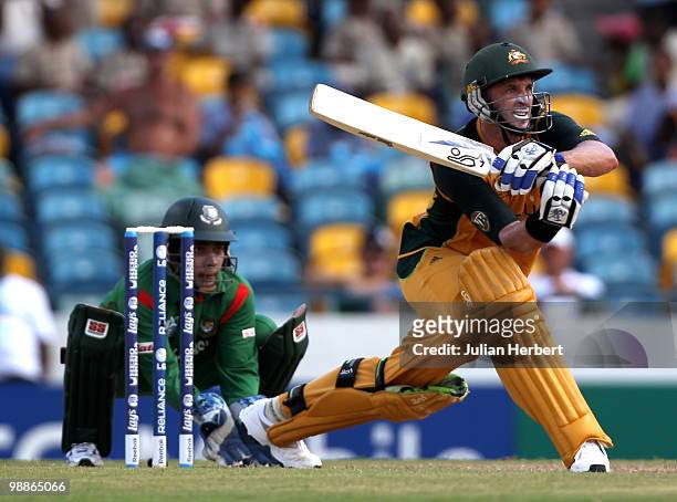 Mike Hussey of Australia hits out during The ICC World Twenty20 Group A Match between Bangladesh and Australia played at The Kensington Oval on May...