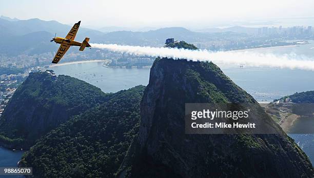 Nigel Lamb of Great Britain in action over Sugar Loaf Mountain during the Red Bull Air Race Day -4 at on May 5, 2010 in Rio de Janeiro, Brazil.
