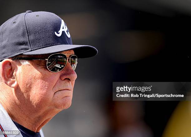 Manager Bobby Cox of the Atlanta Braves looks on against the New York Mets on April 24, 2010 at Citi Field in the Flushing neighborhood of the Queens...