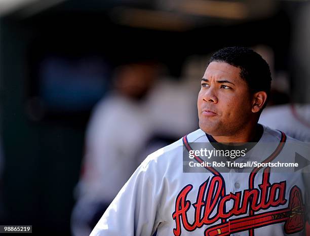 Melky Cabrera of the Atlanta Braves looks on against the New York Mets on April 24, 2010 at Citi Field in the Flushing neighborhood of the Queens...