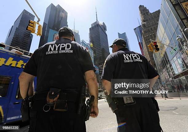 New York City Police Department Counter Terrorism Unit officers keep a eye out in Times Square May 5, 2010 in New York. US officials Wednesday...