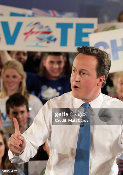 Conservative Party leader David Cameron speaks at a party rally at the end of his 24hr campaign stint on May 5, 2010 in Bristol, United Kingdom. The...