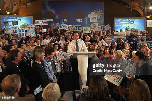 Conservative Party leader David Cameron speaks at a party rally at the end of his 24hr campaign stint on May 5, 2010 in Bristol, United Kingdom. The...