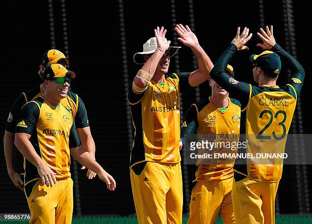 Australian players celebrate after taking the wicket of Bangladeshi batsman Mohammad Ashraful during the ICC World Twenty20 Group A match between...
