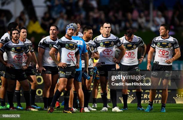 The Cowboys stand in the in-goal area waiting for a conversion attempt during the round 16 NRL match between the South Sydney Rabbitohs and the North...