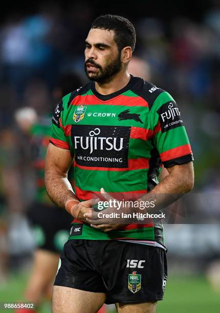 Greg Inglis of the Rabbitohs holds his hand after being injured during the round 16 NRL match between the South Sydney Rabbitohs and the North...