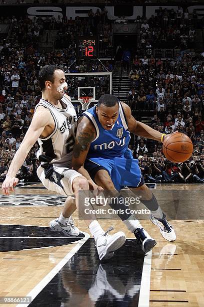 Caron Butler of the Dallas Mavericks drives to the basket against Manu Ginobili of the San Antonio Spurs in Game Four of the Western Conference...