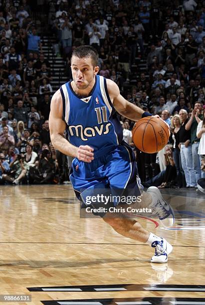 Jose Barea of the Dallas Mavericks moves the ball up court against the San Antonio Spurs in Game Four of the Western Conference Quarterfinals during...