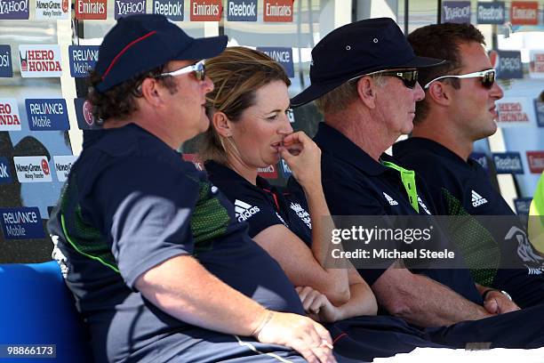 England captain Charlotte Edwards and coach Mark Lane look on during the ICC T20 Women's World Cup Group A match between England and Australia at...