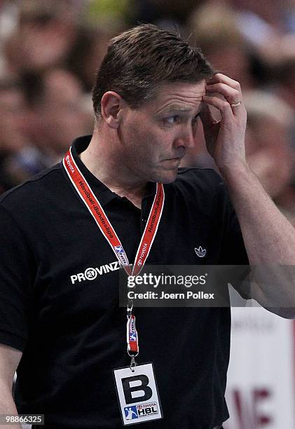 Head coach Alfred Gislason of Kiel looks on during the Toyota Handball Bundesliga match between THW Kiel and HSG Duesseldorf at the Sparkassen Arena...