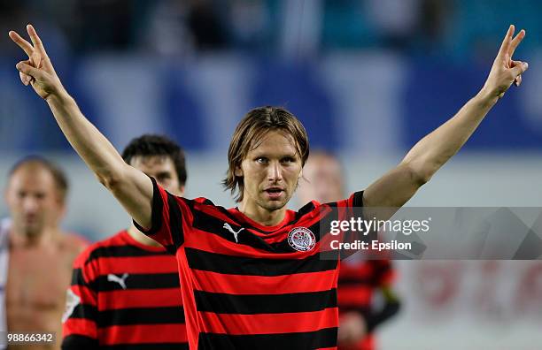 Aleksei Popov of FC Amkar Perm reacts during the Russian Football League Championship match between FC Dynamo Moscow and FC Amkar Perm at the Khimki...