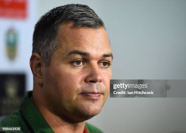 Rabbitohs coach Anthony Seibold speaks at the post match media conference at the end of the round 16 NRL match between the South Sydney Rabbitohs and...