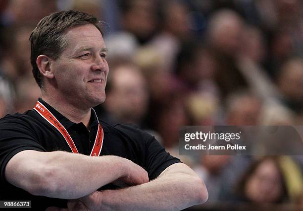 Head coach Alfred Gislason of Kiel looks on during the Toyota Handball Bundesliga match between THW Kiel and HSG Duesseldorf at the Sparkassen Arena...