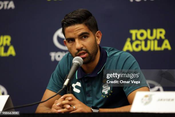 Diego de Buen of Santos speaks during the Club Santos press conference ahead of Aguila Tour match at Cotton Bowl on June 29, 2018 in Dallas, Texas.