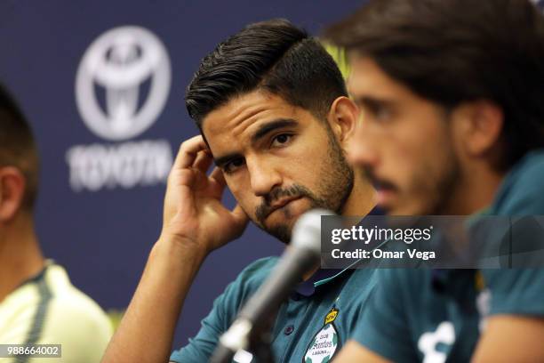 Diego de Buen of Santos gestures during the Club America and Club Santos press conference ahead Aguila Tour match at Cotton Bowl on June 29, 2018 in...