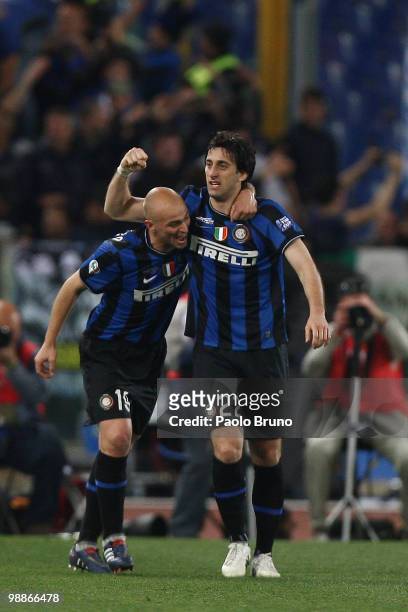 Diego Milito with his teammate Esteban Cambiasso of FC Internazionale Milano celebrates after scoring the opening goal during the Tim Cup between FC...