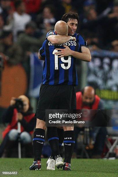 Diego Milito with his teammate Esteban Cambiasso of FC Internazionale Milano celebrates after scoring the opening goal during the Tim Cup between FC...