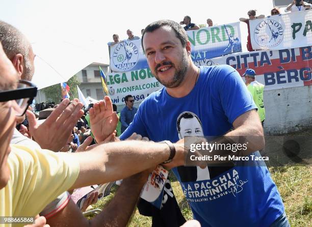 Matteo Salvini, Minister of Interior arrives at the Lega Nord Meeting on July 1, 2018 in Pontida, Bergamo, Italy.The annual meeting of the Northern...