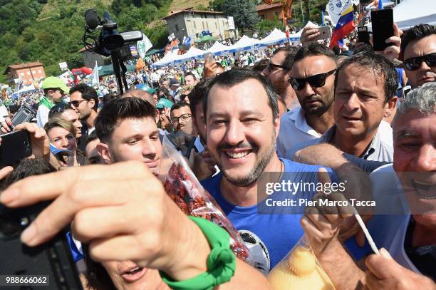 Matteo Salvini, Minister of Interior arrives at the Lega Nord Meeting on July 1, 2018 in Pontida, Bergamo, Italy.The annual meeting of the Northern...