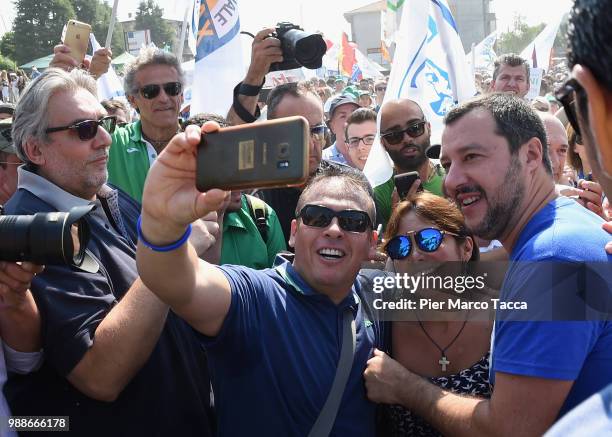 Matteo Salvini, Minister of Interior arrives at the Lega Nord Meeting on July 1, 2018 in Pontida, Bergamo, Italy.The annual meeting of the Northern...