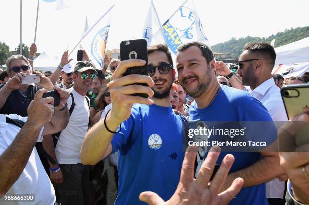 Matteo Salvini, Minister of Interior arrives at the Lega Nord Meeting on July 1, 2018 in Pontida, Bergamo, Italy.The annual meeting of the Northern...
