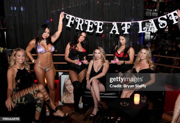 Alycia Browne, Melissa Meeks and Micelle Curl attend Meeks's official divorce party at the Crazy Horse 3 Gentlemen's Club on June 30, 2018 in Las...