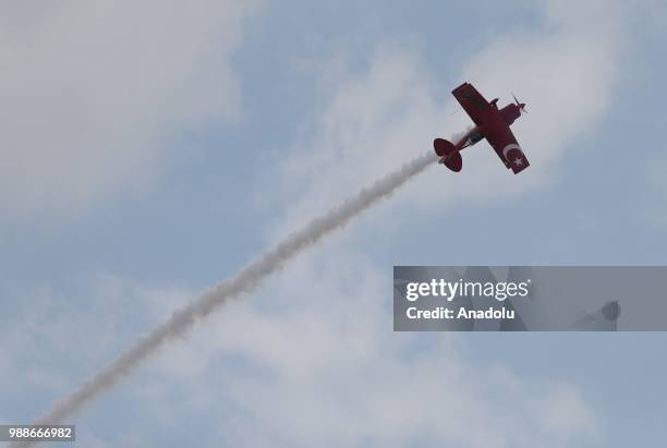 Semin Ozturk, Turkey's first professional female aerobatic pilot performs a demonstration flight with her 'Pitts S2-B' plane that has Lycoming engine...