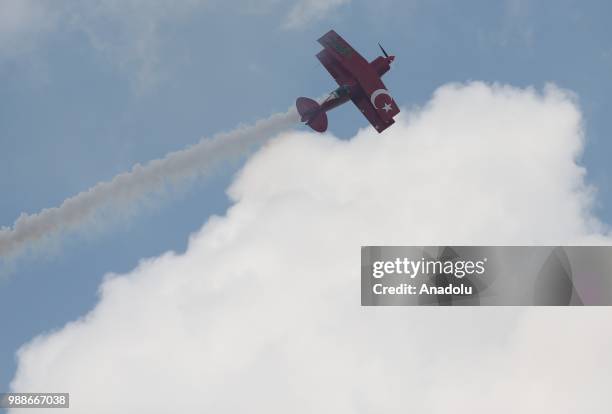 Semin Ozturk, Turkey's first professional female aerobatic pilot performs a demonstration flight with her 'Pitts S2-B' plane that has Lycoming engine...