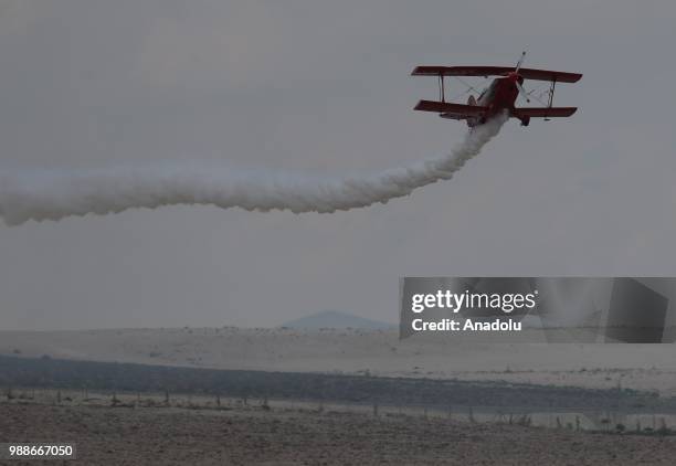 Semin Ozturk, Turkey's first professional female aerobatic pilot performs a demonstration flight with her 'Pitts S2-B' plane that has Lycoming engine...