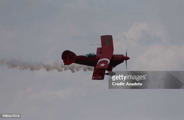 Semin Ozturk, Turkey's first professional female aerobatic pilot performs a demonstration flight with her 'Pitts S2-B' plane that has Lycoming engine...