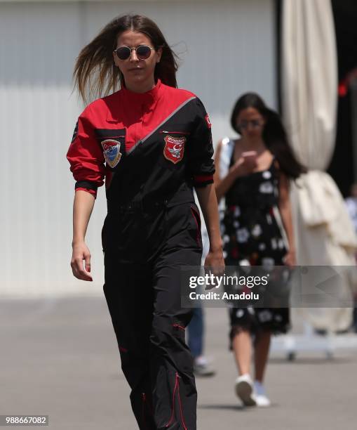 Semin Ozturk, Turkey's first professional female aerobatic pilot is seen following her demonstration flight with her 'Pitts S2-B' plane that has...