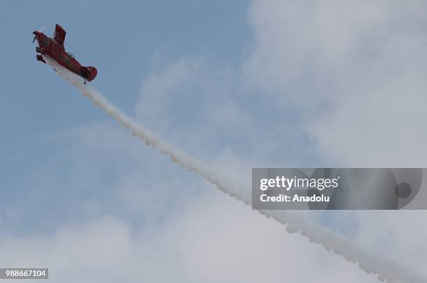 Semin Ozturk, Turkey's first professional female aerobatic pilot performs a demonstration flight with her 'Pitts S2-B' plane that has Lycoming engine...