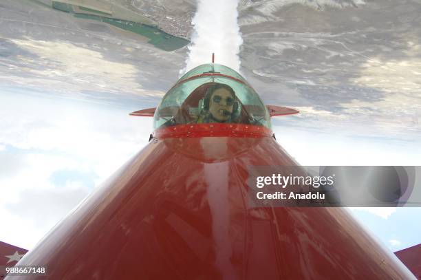 Semin Ozturk, Turkey's first professional female aerobatic pilot performs a demonstration flight with her 'Pitts S2-B' plane that has Lycoming engine...