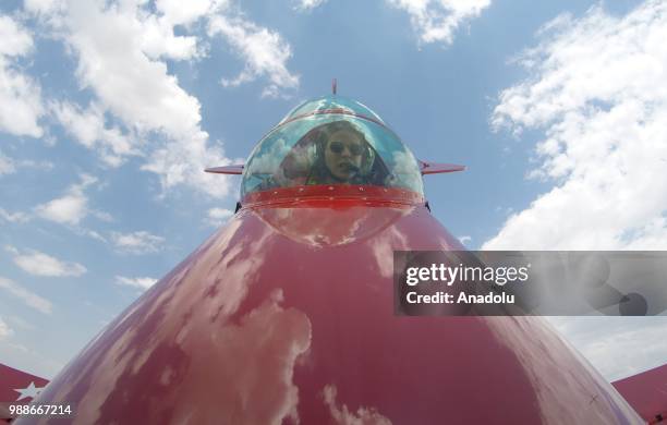 Semin Ozturk, Turkey's first professional female aerobatic pilot performs a demonstration flight with her 'Pitts S2-B' plane that has Lycoming engine...