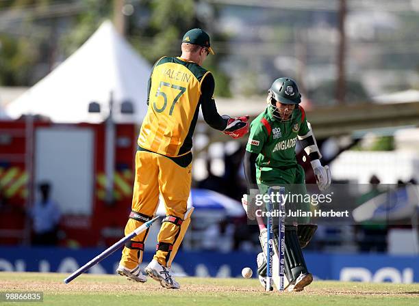 Mushfiqur Rahim of Bangladesh avoids being run out as Brad Haddin looks on during The ICC World Twenty20 Group A Match between Bangladesh and...