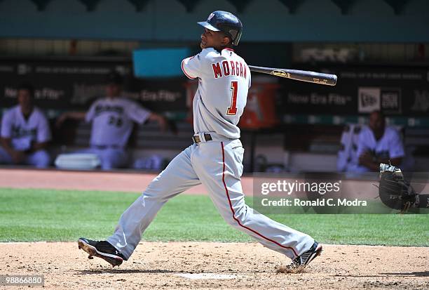 Nyjer Morgan of the Washington Nationals bats against the Florida Marlins in Sun Life Stadium on May 2, 2010 in Miami, Florida.