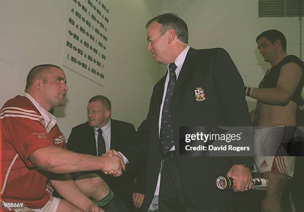 Phil Vickery of the Lions is congratulated by his coach Graham Henry after the First Test Match between the British and Irish Lions and Australia...