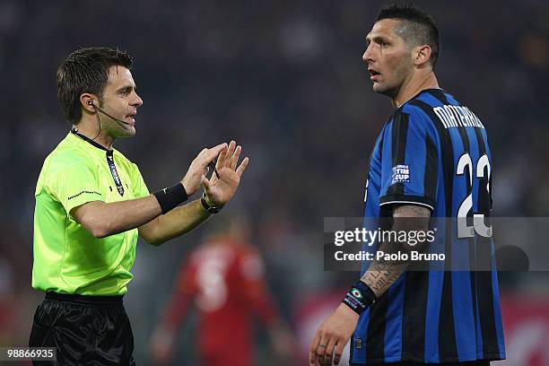 The referee Nicola Rizzoli talks with Marco Materazzi of FC Internazionale Milano during the Tim Cup between FC Internazionale Milano and AS Roma at...