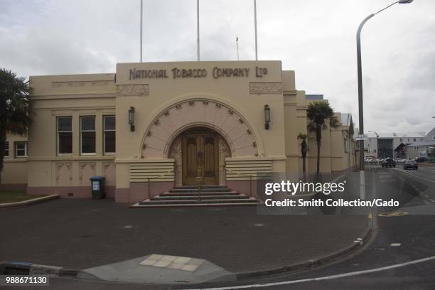 Facade of the National Tobacco Company Building, a classic Art Deco style building in Napier, New Zealand on an overcast day, November 29, 2017.