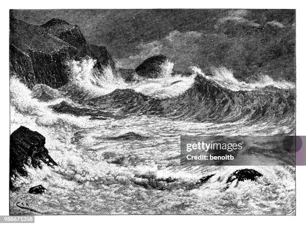 rogh seas - waves crashing on rocks stock illustrations