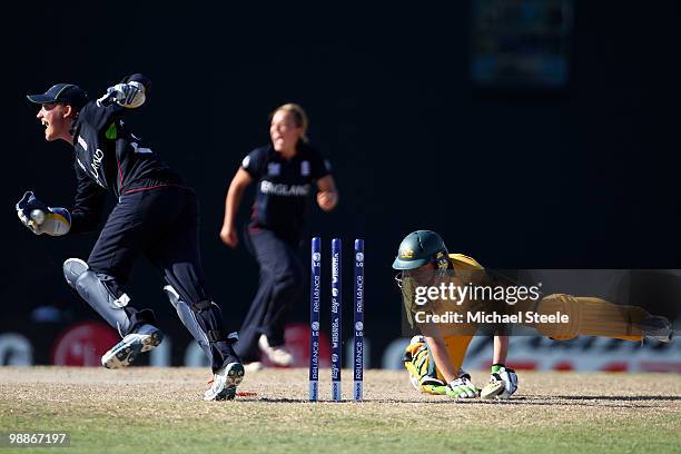 Sarah Elliott of Australia is stumped by Sarah Taylor off the bowling of Danielle Hazell during the ICC T20 Women's World Cup Group A match between...
