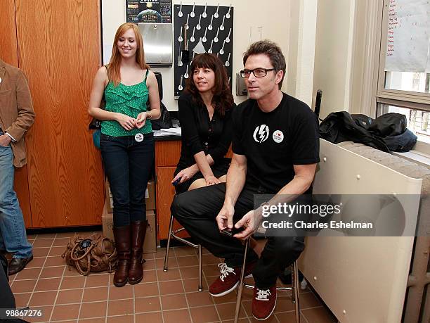 Actress Andrea Bowen, The Creative Coalition CEO Robin Bronk and actor Tim Daly attend The Creative Coalition in the Classroom at East Side Community...