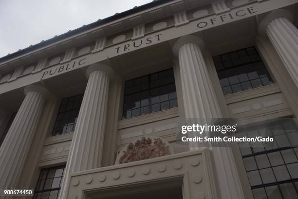 Facade of the Public Trust Office Building, a classic building in Napier, New Zealand on an overcast day, November 29, 2017.