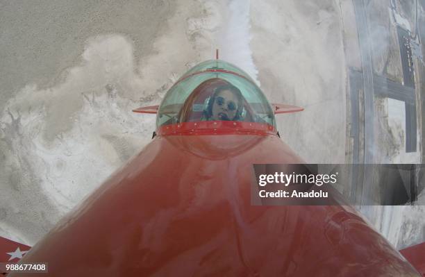 Semin Ozturk, Turkey's first professional female aerobatic pilot performs a demonstration flight with her 'Pitts S2-B' plane that has Lycoming engine...