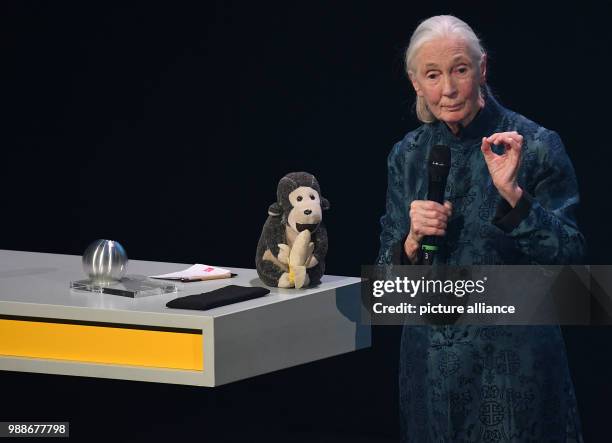 British primatologist Jane Goodall speaks at the Deutscher Nachhaltigkeitspreis event in Duesseldorf, Germany, 8 December 2017. Photo: Henning...