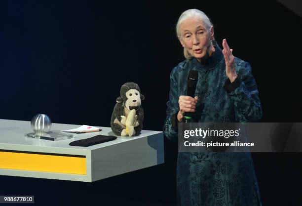 British primatologist Jane Goodall speaks at the Deutscher Nachhaltigkeitspreis event in Duesseldorf, Germany, 8 December 2017. Photo: Henning...