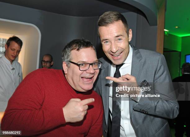 Presenter Elton and Kai Pflaume act goofy at the traditional Advent meal of the ARD at the Bayerischer Hof in Munich, Germany, 08 Germany 2017....